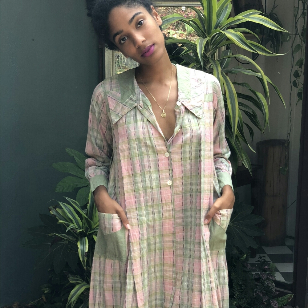 Antique Chore Dress - Pink + Green Plaid - Small